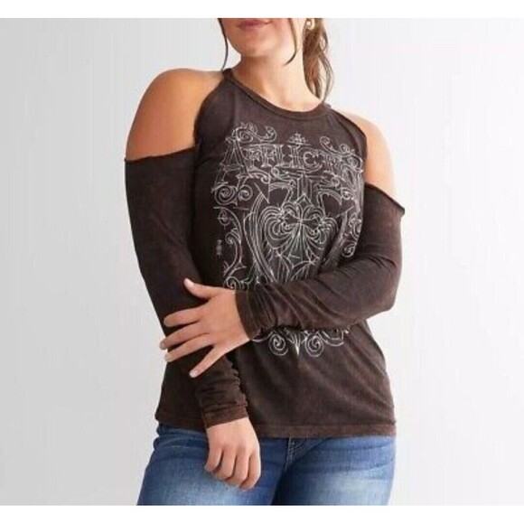 Affliction Women's FACTORY GRADE Foiled Long Sleeve Crew Neck Tee size M NWT - Picture 1 of 8
